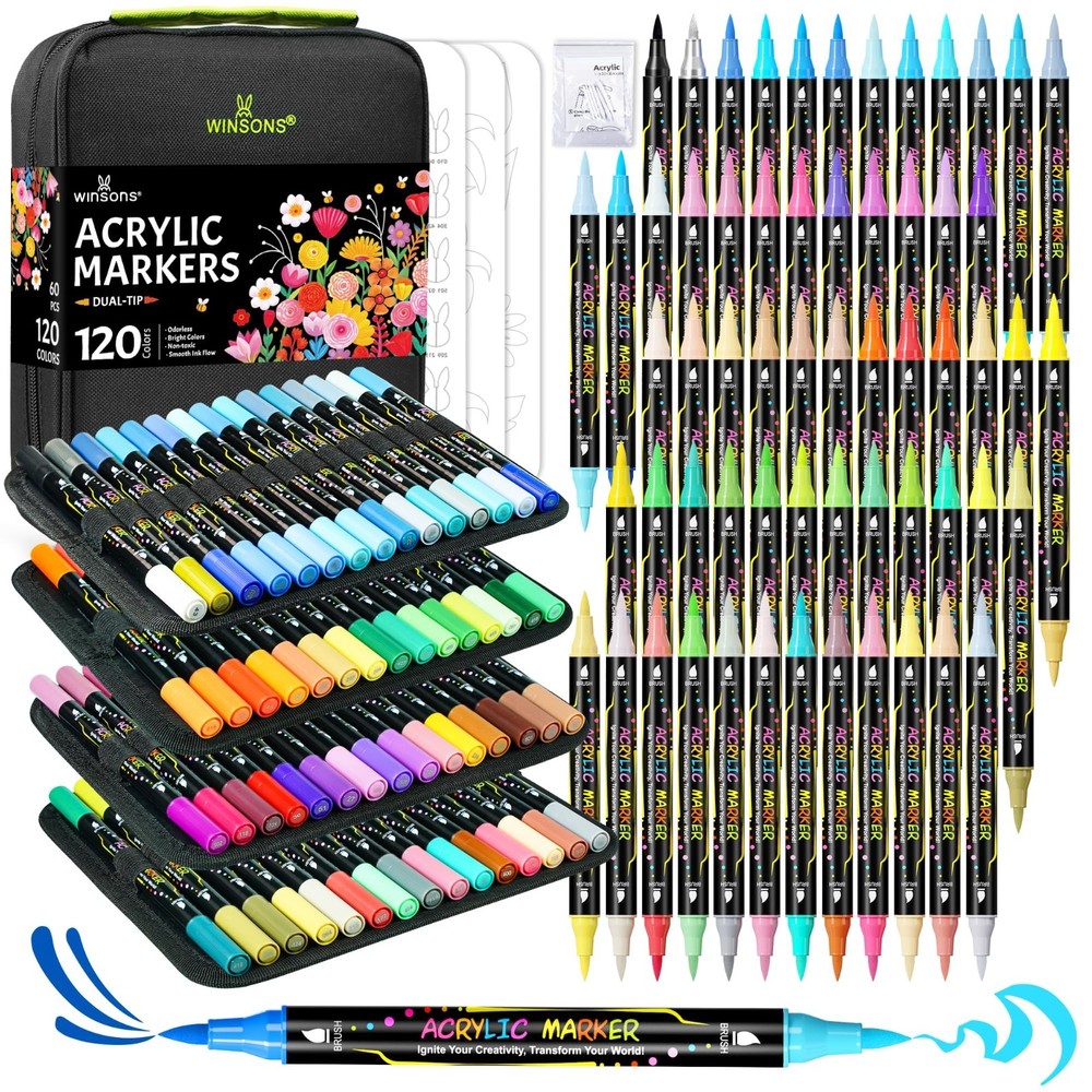 120 Colors Dual-Tip Acrylic Paint Markers Set – Brush & Fine Tip for DIY Crafts,