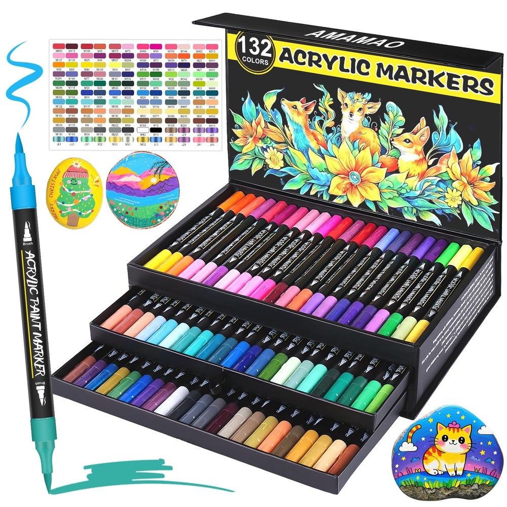Amamao 132 Colors Acrylic Paint Markers Pens Set,66 Pack Brush Acrylic Paint …