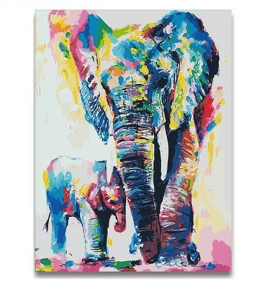 Paint By Numbers Kit Elephants Colourful 40CMx50CM Canvas