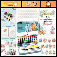 Watercolor Workbook for Beginners – 12 Original DIY Patterns, 50 Colors Paint Se