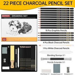 22 PCS Sketch Drawing Art Pencil Kit Graphite Black White Charcoal 10B To 6H