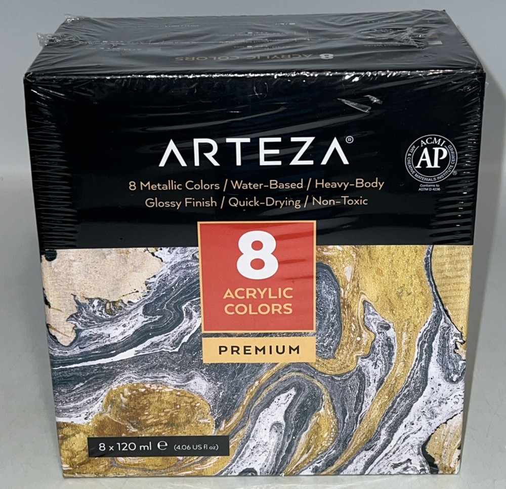Arteza Acrylic Paint, Set of 8 Metallic Colors 4.06oz Tubes – New