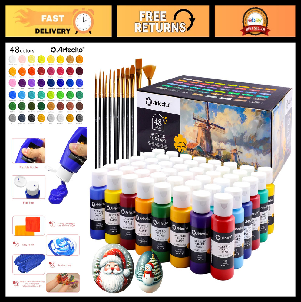 48 Color Acrylic Paint Set 2oz with 12 Brushes – Non-Toxic Art Supplies for Canv