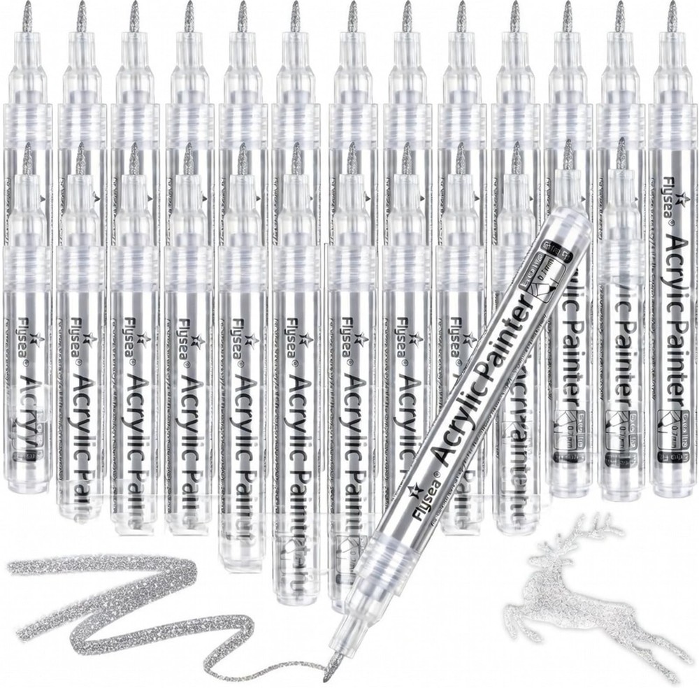 20 Pack Silver Metallic Acrylic Paint Pens 0.7mm Extra Fine Tip Markers DIY
