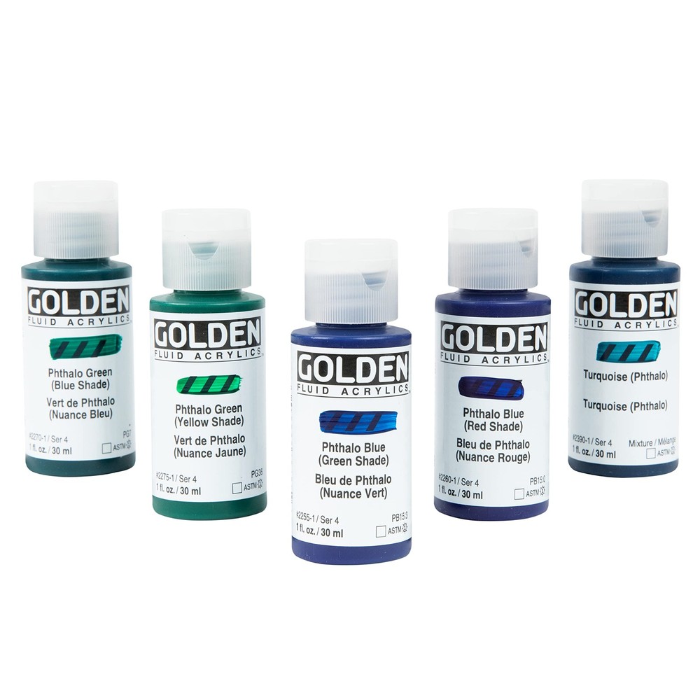 Golden Fluid Acrylic Paint Set – 5 Colors, 0.2 Fl Oz (Pack of 5), Phthalo
