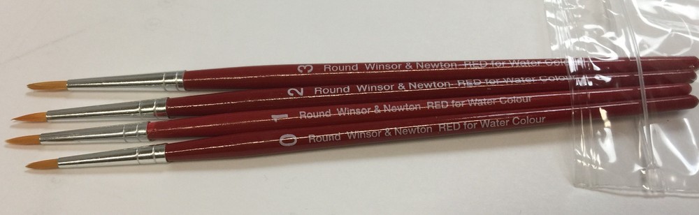 LOT OF 4 WINSOR & NEWTON RED HANDLE WATERCOLOR BRUSHES ROUND #0, 1, 2, 3
