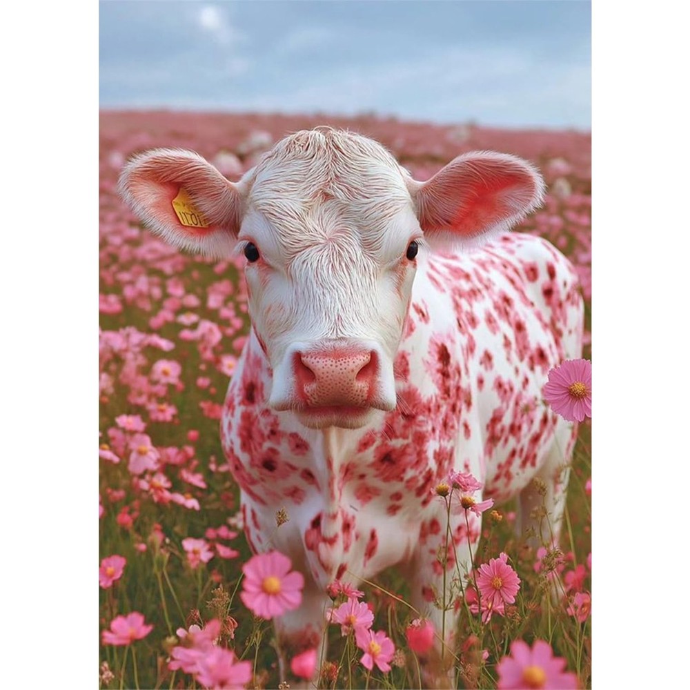 Diamond Painting Kit, Pink Cow Full-Diamond Round Diamond Art, 5D DIY Adult Begi