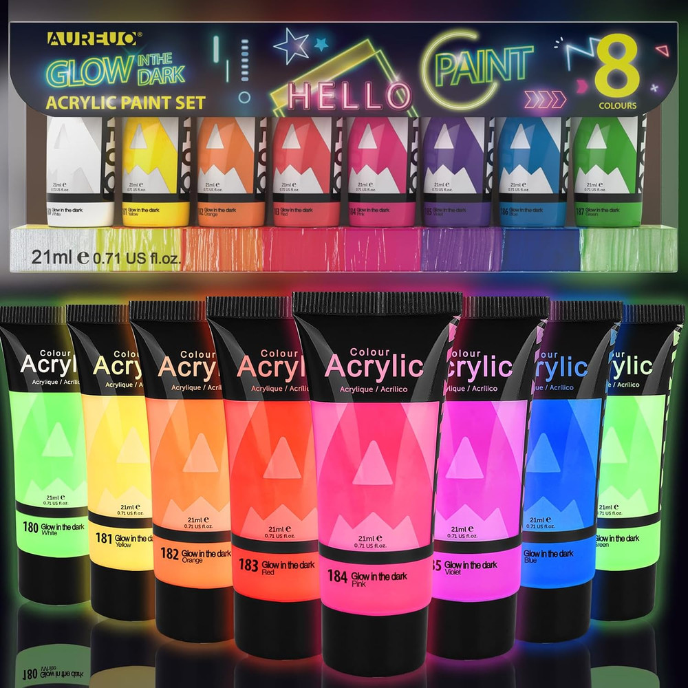 Glow in the Dark Acrylic Paint – 8 Colors X 0.71 Fl Oz / 21Ml Neon UV Black Ligh