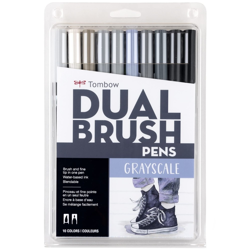 Dual Brush Pen Art Markers, Grayscale 10-Pack, Blendable Brush & Fine Tips