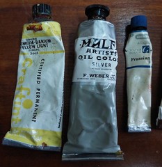 Vtg Permanent Pigments Oil Paints, Red, Yellow, Burnt Umber, catalog, 3 others