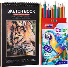 Drawing Sketchbook Kit, A5 Sketch Book with 36 Color Pencils, Three Color Black
