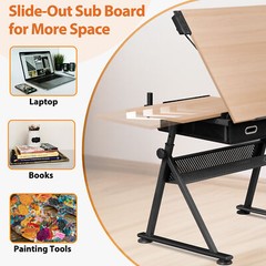 Drafting Table Wooden Drawing Desk Craft Station Artist w/Charging Station Stool