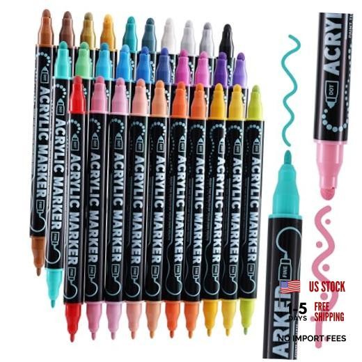 Dual Tip Acrylic Paint Markers, Dot & Fine Tip Acrylic Paint Pens 30 Colors