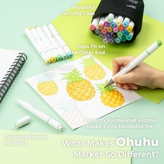 Ohuhu 24 Basic Colors Alcohol Markers Brush & Fine Double Tipped w/ 1 Blender