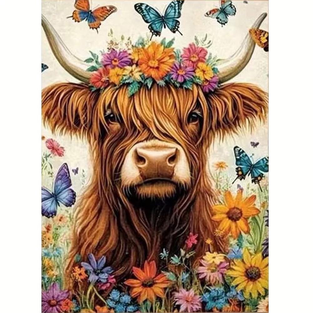 Highland Cow Diamond Art Painting Kits for Adults,5D Flower Diamond Art Kits for