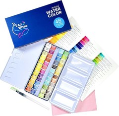 Watercolor Paint Set 48 Colors Half-Pans in Tin Box with Water Brush, Pro-Gra…