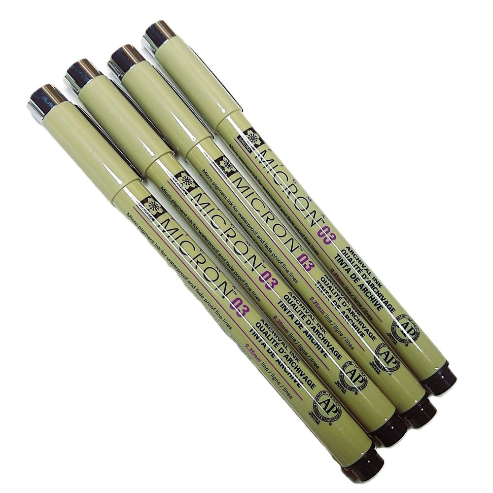 Sakura Pigma Micron 03 Black Pen 0.35mm Line Width Archival Ink Pack of 4 NEW