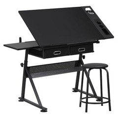 Drafting Desk Drawing Table 9 Levels Adjustable angle w/ Stool Arts Crafts Black
