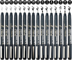 16 Pack Micro Fineliner Drawing Pens – Waterproof Black Ink, Assorted Tip Sizes