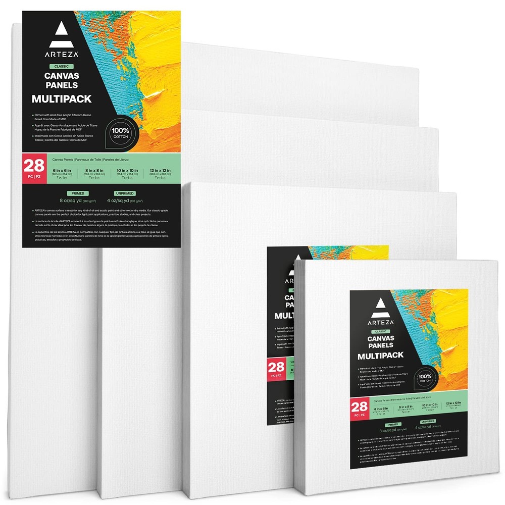 ARTEZA Canvas Boards for 6×6, 8×8, 10×10, 12×12 (Pack of 28), White – Classic