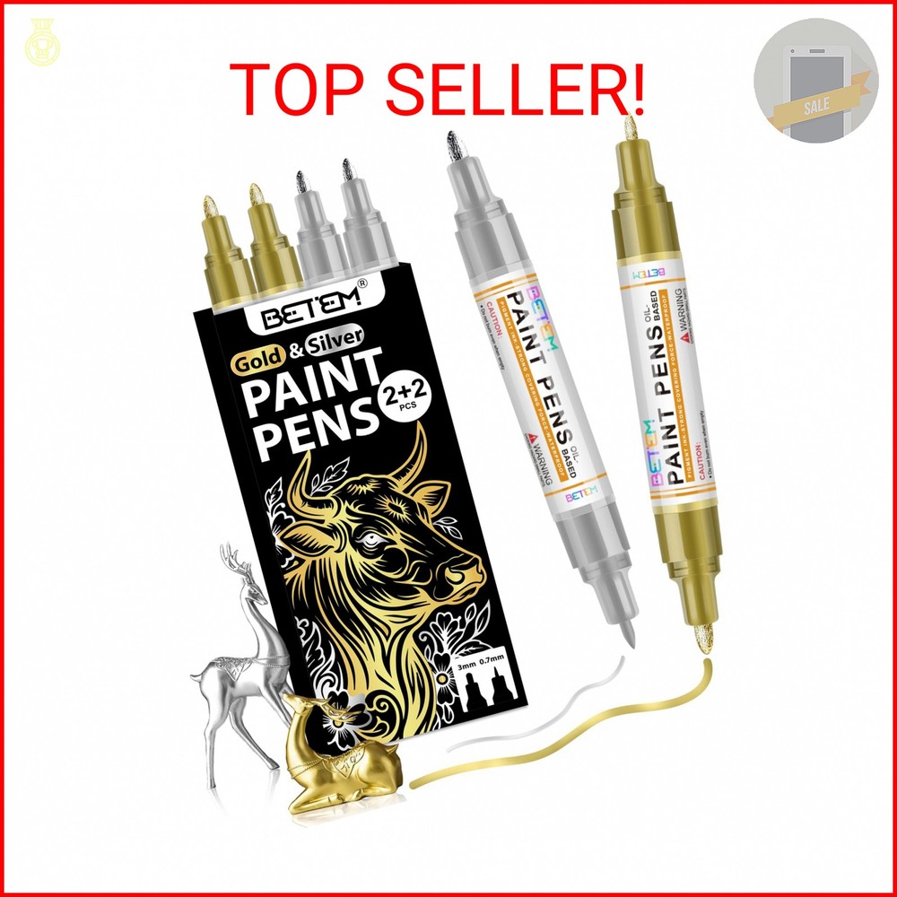 Betem Oil Based Paint Markers, Dual Tip Paint Pens(0.7mm & 3mm), Gold Silver Per