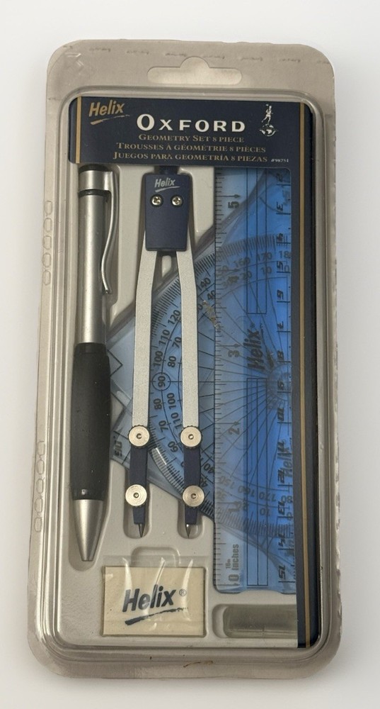 New HELIX EXPERT OXFORD Geometry Set 8 Piece Compass Pencil Ruler Triangle HW3