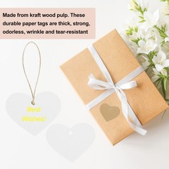 100Pcs Kraft Paper Gift Tags String 2.2 x 2.6 Inch Heart Shape Glittery White