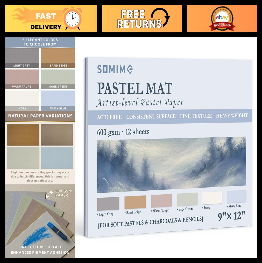 9×12 Heavyweight Sanded Pastel Paper Pad – 12 Sheets, Assorted Light Colors for