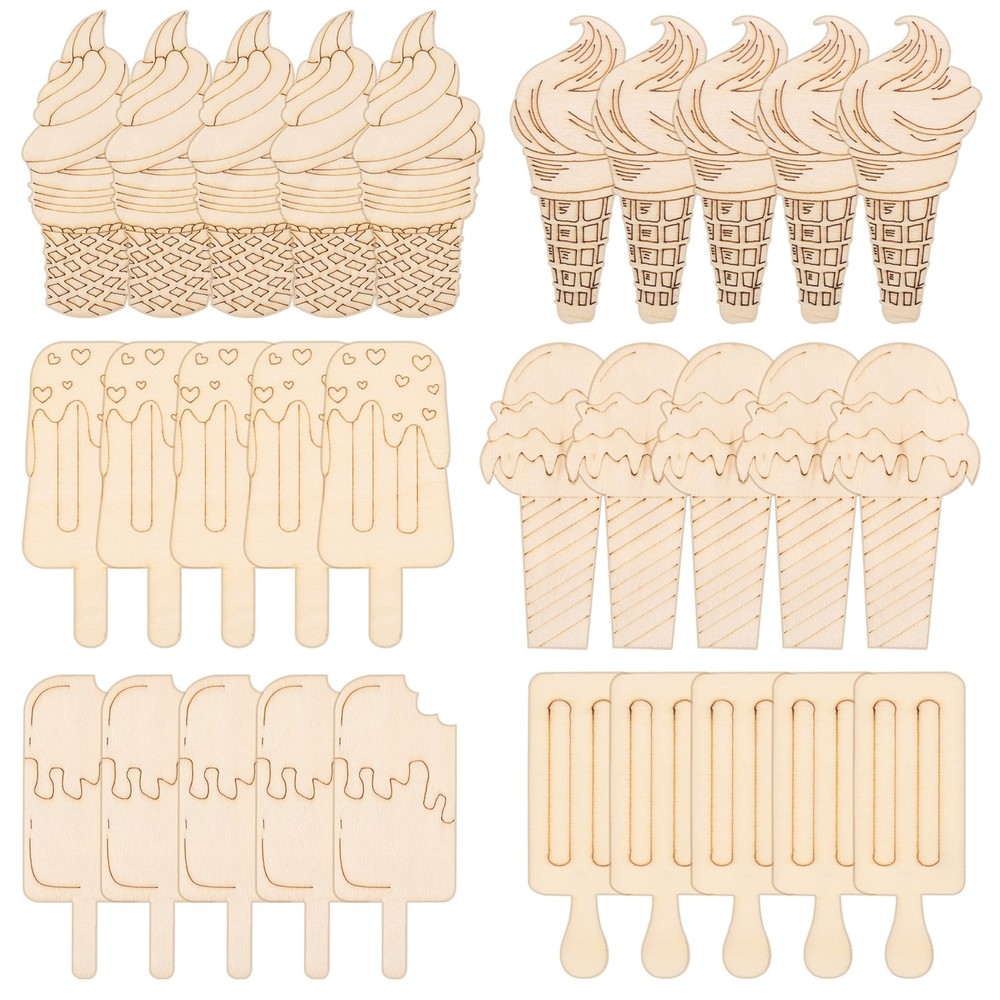 Ice Cream Shaped Wooden Cutouts, DIY Wood for Painting Cutouts for Art, 30 Set