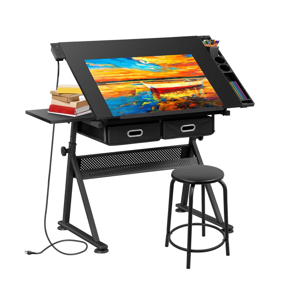 Black Drafting Table & Stool Se Adjustable Height W/ Drawers & Charge Station