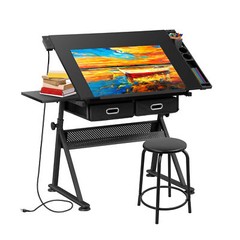 Black Drafting Table & Stool Se Adjustable Height W/ Drawers & Charge Station