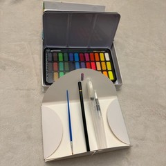 Watercolor Paint Box 36 Color Solid Pigment Palette Pens Paper New Sealed