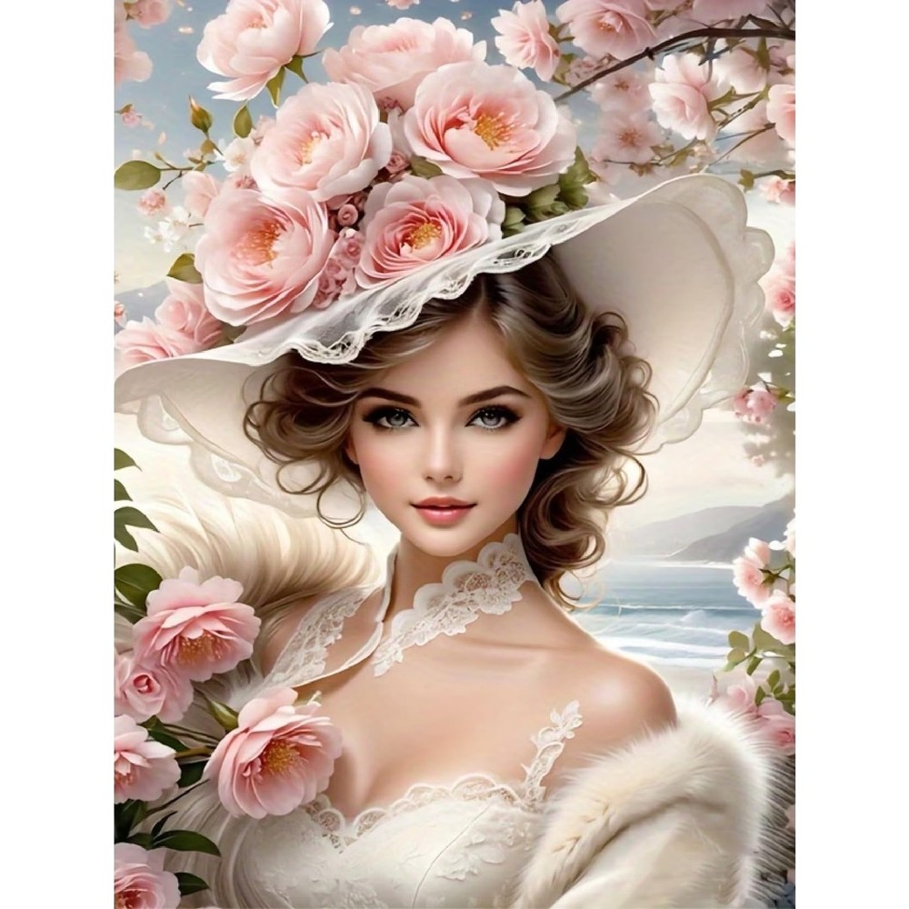 Lady in Flower Hat Diamond Art Painting Kits for Adults,Full Drill Diamond Dots