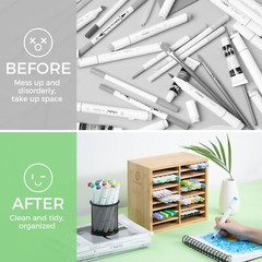 Ohuhu Bamboo Marker Organizer, Wooden Desktop Storage Hold 126 Markers for Home