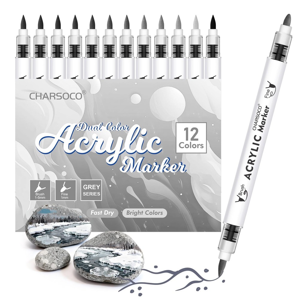 CHARSOCO Grey Tones Acrylic Paint Pens, 12 Colors Markers Set with Soft Brush…