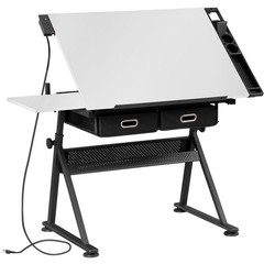 Drafting Table White Drawing Desk Craft Station Artist w/ Charging Station Stool