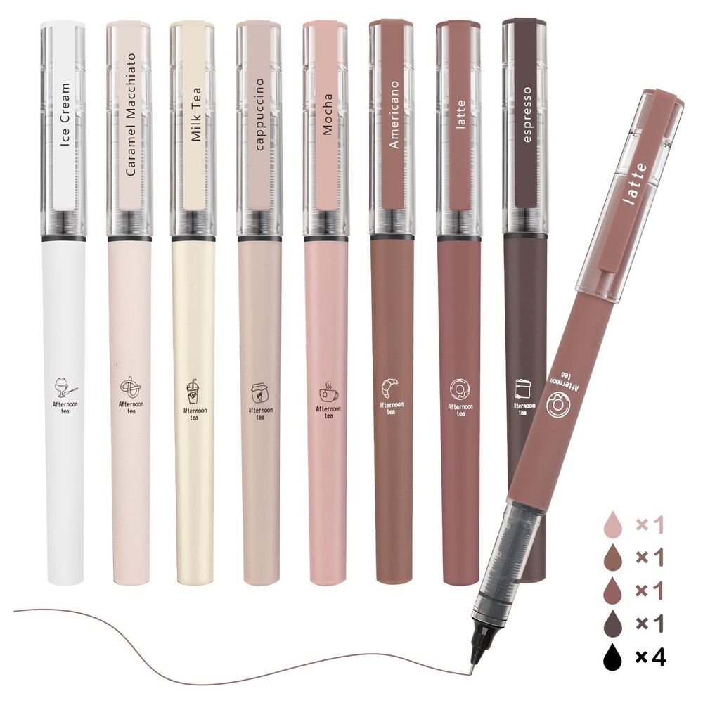 FUNFULL Aesthetic Cute Stick Rollerball Pens, 1 Count (Pack of 8), Multicolor