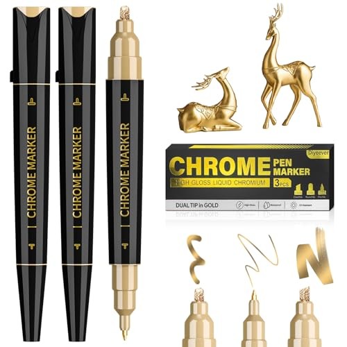 3 Pack Dual Tip Liquid Gold Chrome Markers, Permanent Shiny Gold Marker 3 Gold