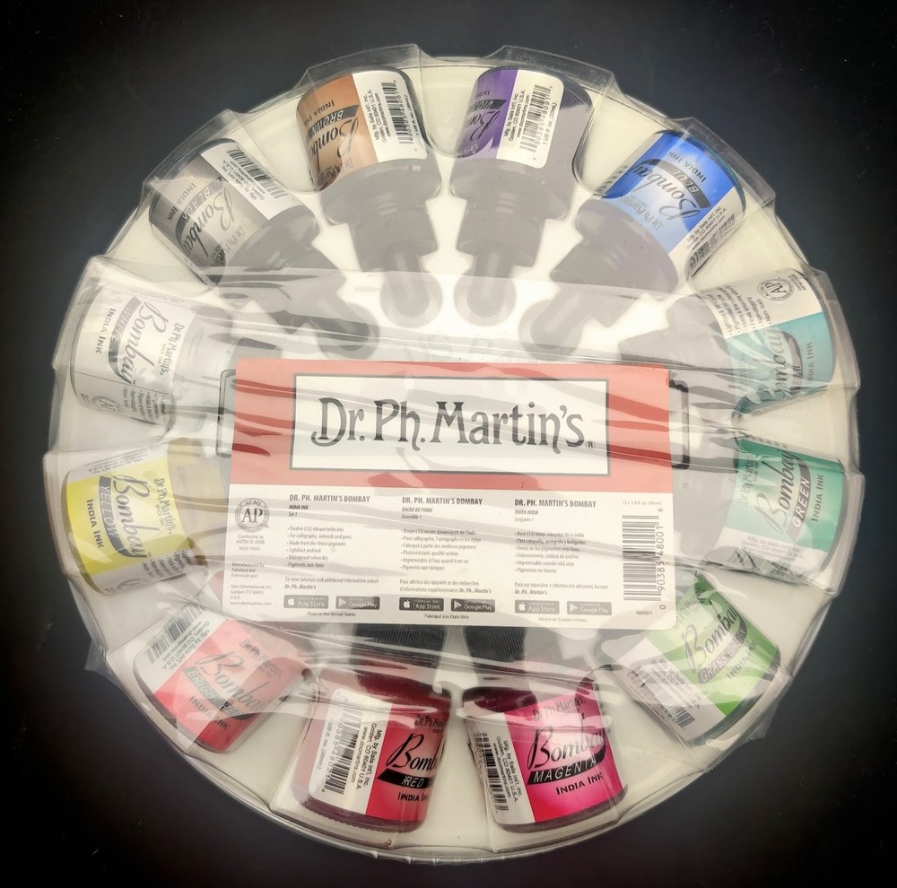Dr Ph Martin’s Bombay India Ink Set, 12 x 1oz Waterproof, Art, Craft, Dying, New