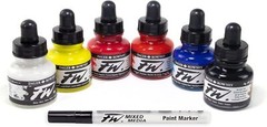 Daler Rowney FW Acrylic Ink Bottle 6-Color Primary Set with Empty Marker
