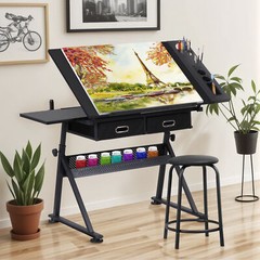 Drawing Table 9 Levels Adjustable angle w/ Stool Arts Crafts Drafting Desk Black