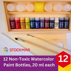 Complete Paint Set – 12 Colors, in Wooden Storage , Includes 2 Natural Brushe…