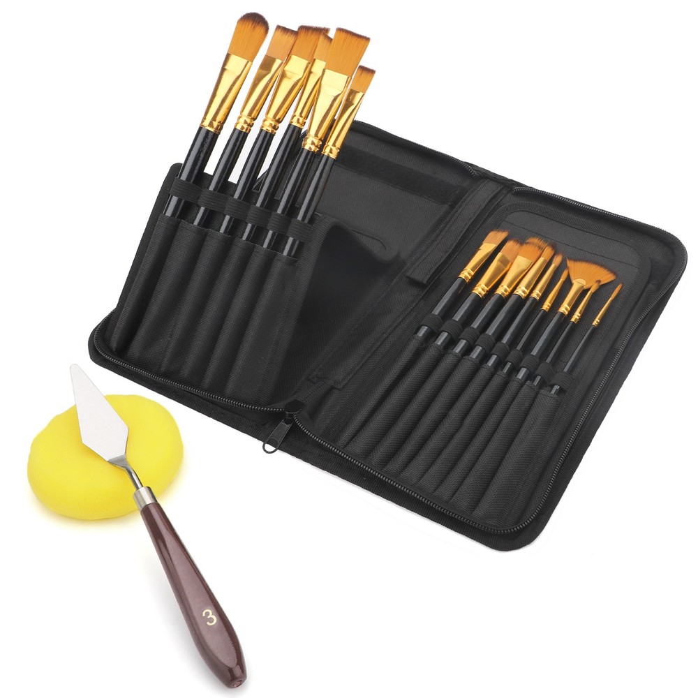 15PCS Durable Artist Paint Brush Set with Canvas Bag Professional Painting Tools