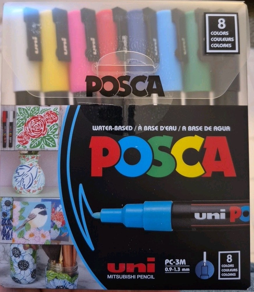 POSCA Water-Based Markers, 8 Assorted Colors, PC-3M, 0.9-1.3mm, New in Box