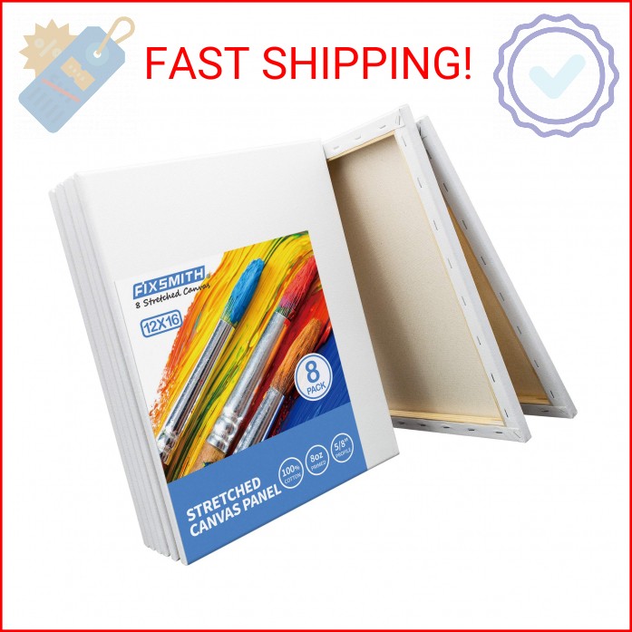 FIXSMITH Stretched White Blank Canvas – 12 x 16 Inch, Bulk Pack of 8, Primed, 10