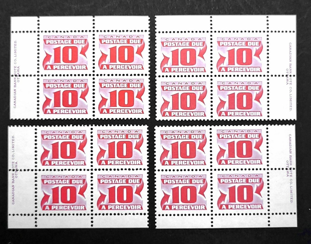 1977 Canada Matching 4 Postage Due Plate/Inscription Blocks J35a!