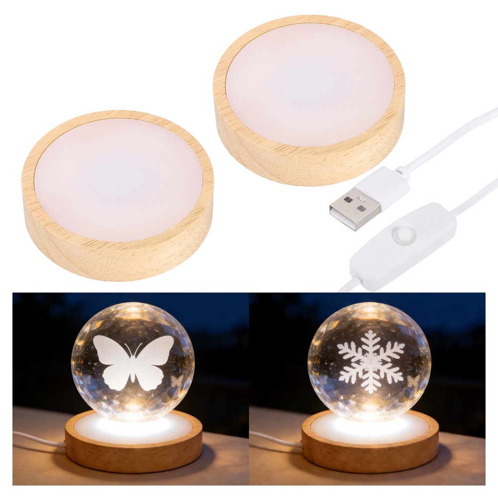 2 Pcs LED Light Base, 3.1″ Wood LED Light Stand for Crystal, White Light