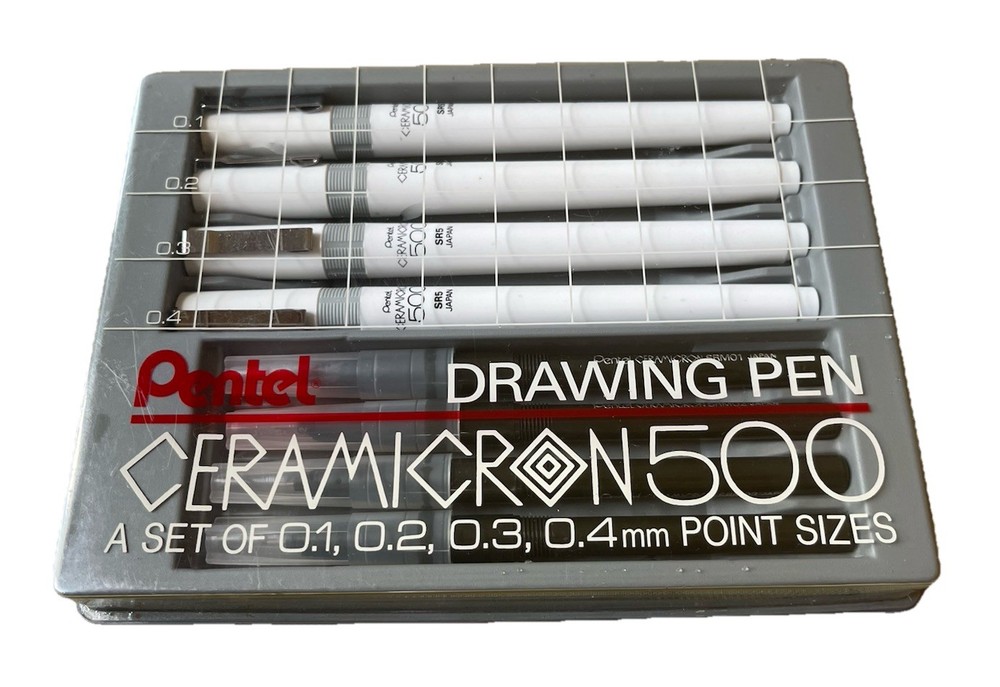 Pentel Drawing Pen Set – Ceramicron 500 – 0.1 0.2 0.3 0.4mm Point Sizes – VTG