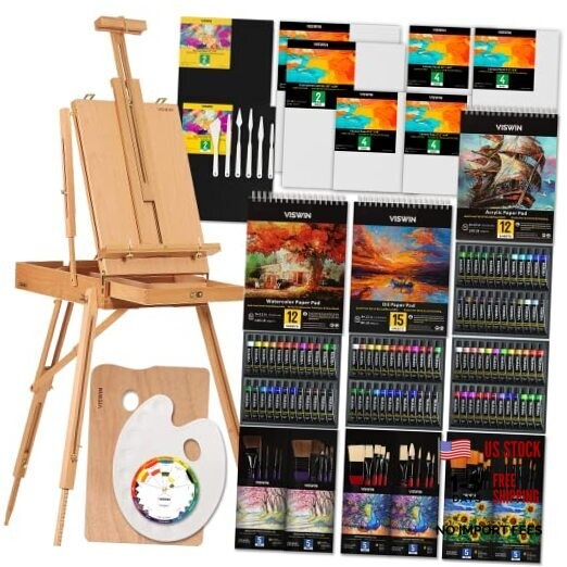 Professional All-in-One Art Painting Kit with Beech Wood French Easel, 96