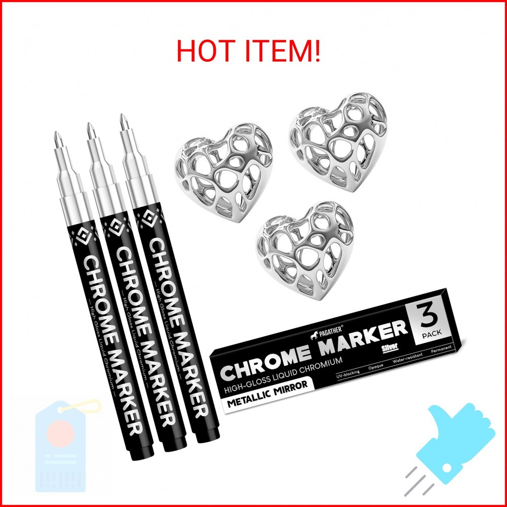 Pagather 3Pcs Chrome Paint Markers, Silver Permanent Mirror Liquid Chrome Pens f